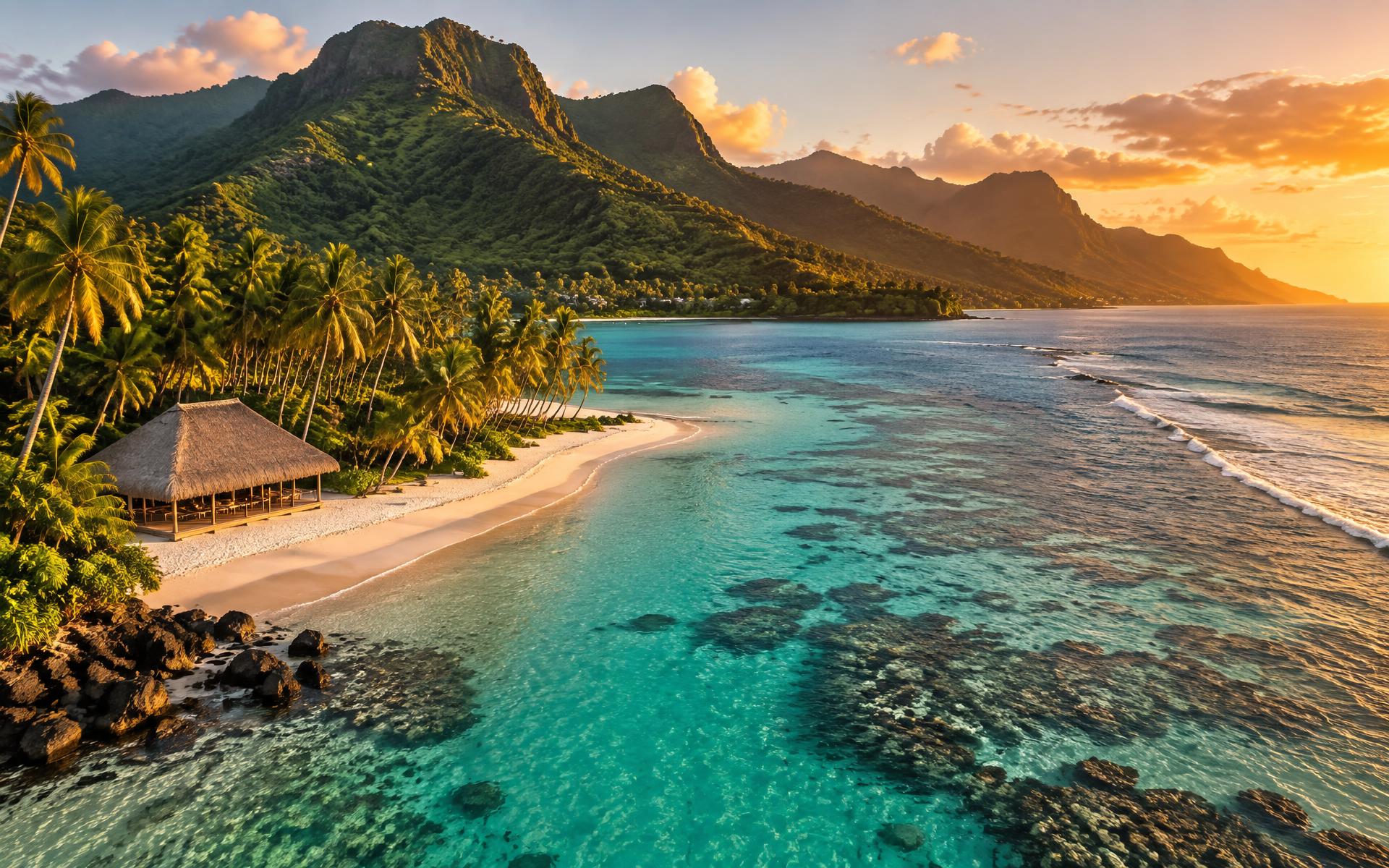 Samoa coastline, lagoon and beach fale at sunset